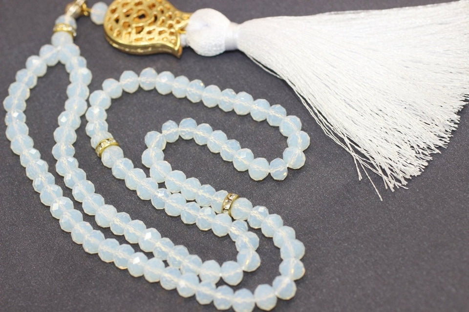 Moon White Misbahas, crystal prayer beads, Handmade Prayer Beads 99 Misbaha, Masbaha, 99 beads Tasbeeh, 6mm beads, Crystal Tasbeeh, TMCB