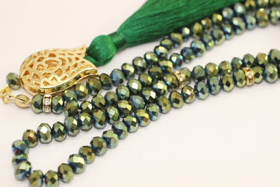 Shiny Green Misbahas, crystal prayer beads, Handmade Prayer Beads 99 Misbaha, Masbaha, 99 beads Tasbeeh, 6mm beads, Crystal Tasbeeh, TMCB