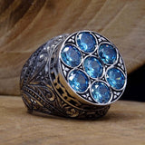 Penwork Art Sterling Silver Ring with Blue Semi Precious stones - Mens Silver ring - Faced Cut Round Mens Ring - Anniversary Gift