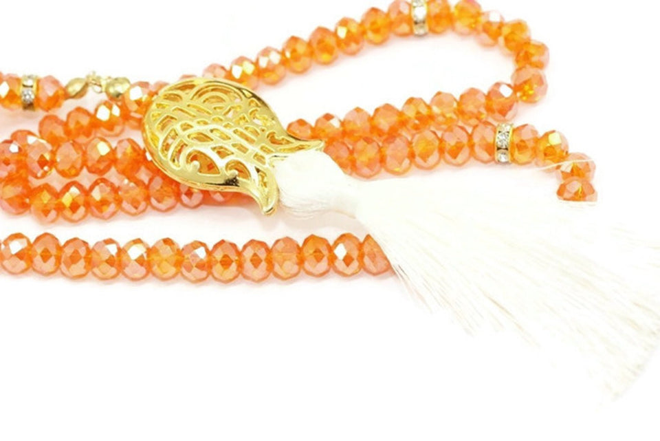 Orange Tasbih, crystal prayer beads, Handmade Prayer Beads 99 Misbaha, 99 beads Tasbeeh, 8mm beads tasbeeh, Crystal Tasbeeh, TSBK