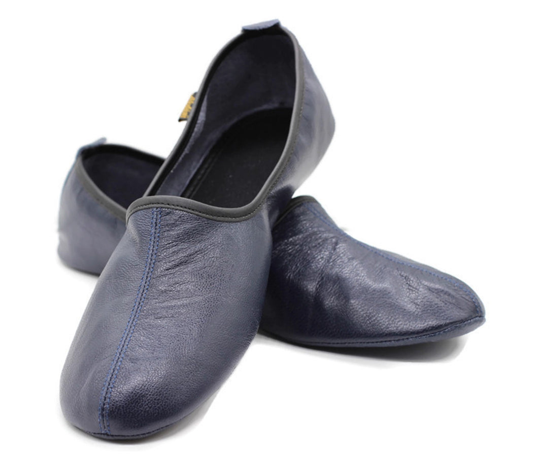 Genuine Leather Dark Blue Slippers Women Size | Unisex House Slippers | Handmade Leather Socks | Leather Home Shoes