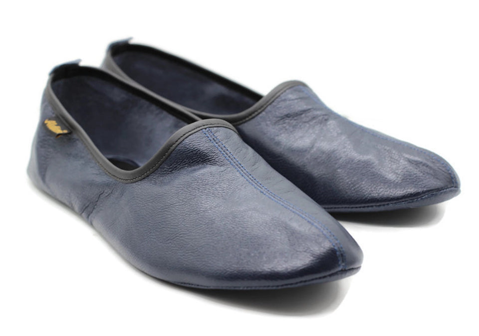 Genuine Leather Dark Blue Slippers Women Size | Unisex House Slippers | Handmade Leather Socks | Leather Home Shoes