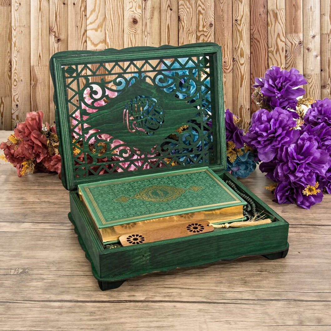 Lux Green outlet Wooden Islamic Gift Box | Special Gift for Father | Thermo Leather Quran | Prayer Mat and Tasbeeh Set | Personalized Gift | AOS2