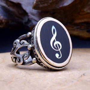 Mother Of Pearl Inlay Treble Clef Ring for Men | Sterling Silver Ring | Personalized Ring | Silver Signet Ring