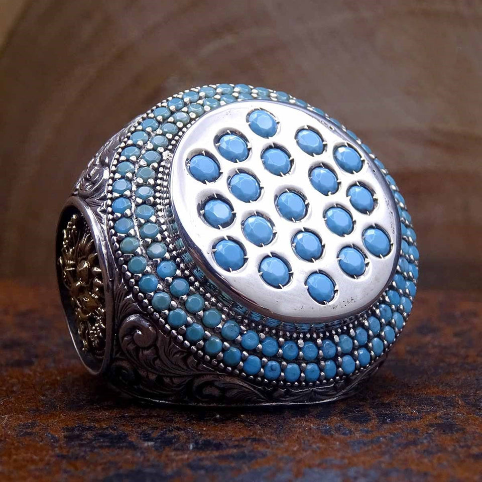 Turquoise Stones Pinning Sterling Silver Ring | Double Layered Mini Turquoise Stones | Faced Cut Round Turquoise Stones Mens Ring