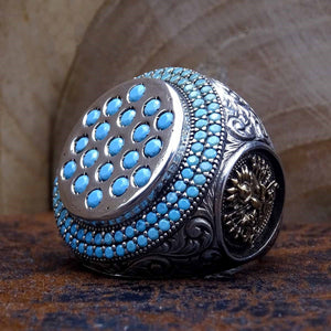 Turquoise Stones Pinning Sterling Silver Ring | Double Layered Mini Turquoise Stones | Faced Cut Round Turquoise Stones Mens Ring