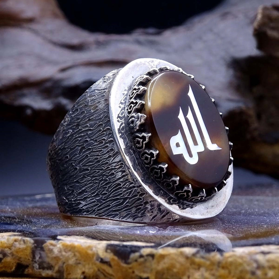 Allah Written With Kufic Calligraphy Mother of Pearl Inlay Ring | Allah Engraved Jewelry | Sterling Silver Ring | Personalized Ring