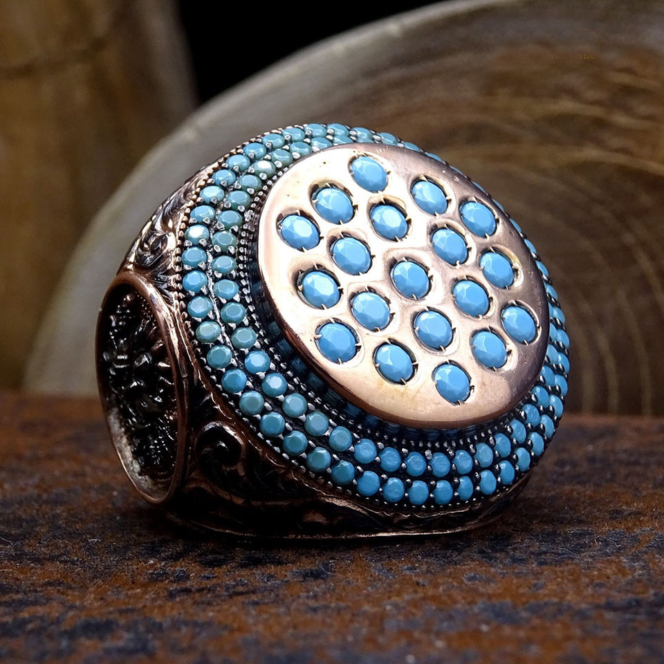 Turquoise Stones Pinning Sterling Silver Ring | Double Layered Mini Turquoise Stones | Faced Cut Round Turquoise Stones Mens Ring