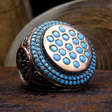 Turquoise Stones Pinning Sterling Silver Ring | Double Layered Mini Turquoise Stones | Faced Cut Round Turquoise Stones Mens Ring