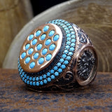 Turquoise Stones Pinning Sterling Silver Ring | Double Layered Mini Turquoise Stones | Faced Cut Round Turquoise Stones Mens Ring