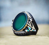 Handmade Green Agate Stoned Ring with Vav, Sterling Silver Mens Ring, Mens Agate Stone Ring, Signet Ring, Husband Gift AU079