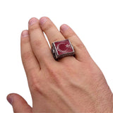 Square Red Silver Ring with Crescent&Star, Mens Islamic Ring, Statement Rings, Muslim Gift, Husband Gift, Gift For Him, Sterling Silver Ring