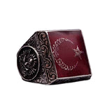 Square Red Silver Ring with Crescent&Star, Mens Islamic Ring, Statement Rings, Muslim Gift, Husband Gift, Gift For Him, Sterling Silver Ring