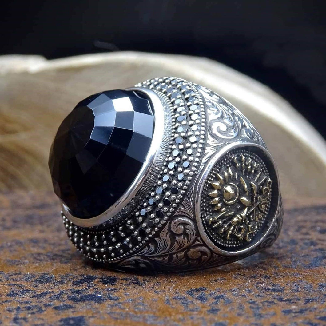 Black Domed Silver Ring with Stones | Personalised Ring | Gift For Him | Personalized Gift | Custom Ring | 925 Sterling Silver | Muslim Gift