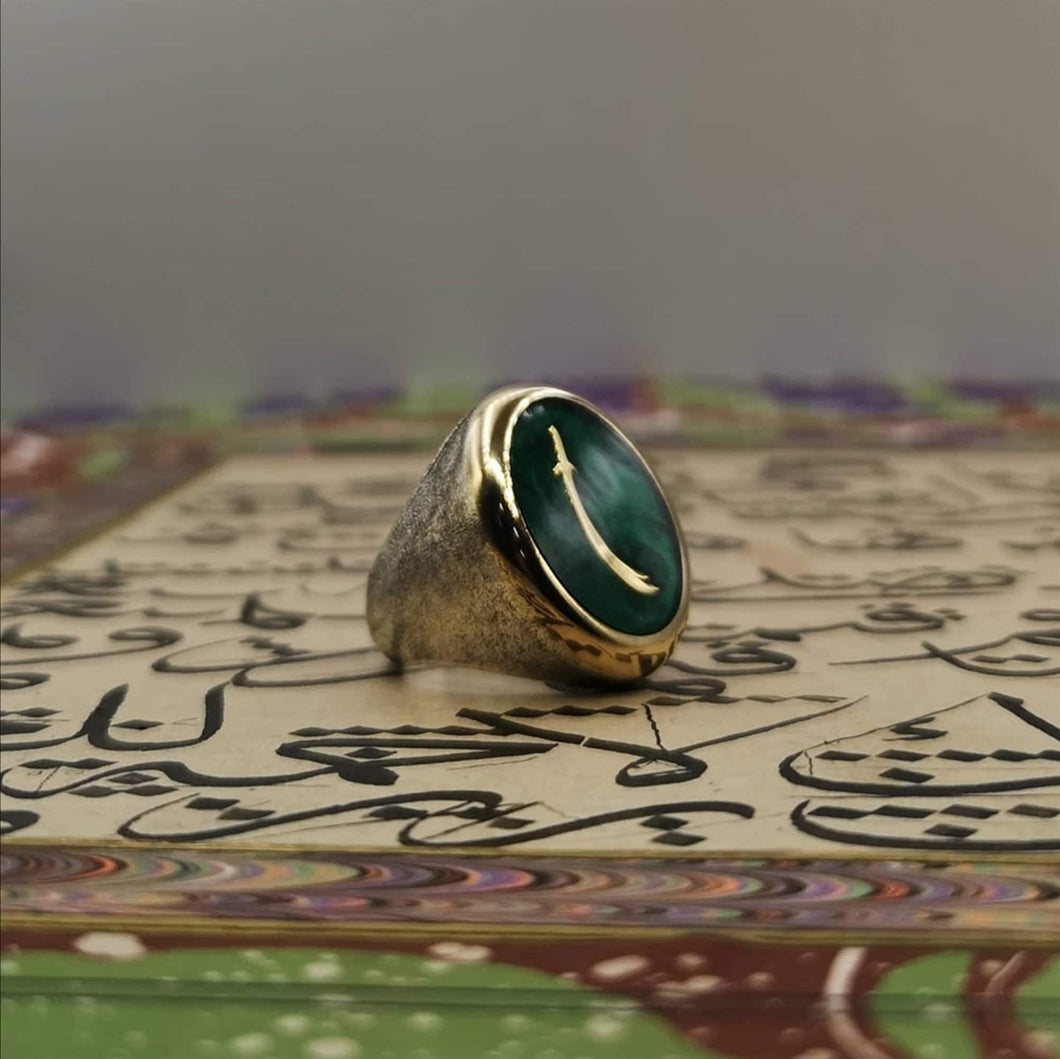 Green Stone Enameled Sterling Silver Ring | Handmade Men Ring | Signet Ring | Gemstone Ring |Gift for Him | Zulfiqar Ring | Groom Ring