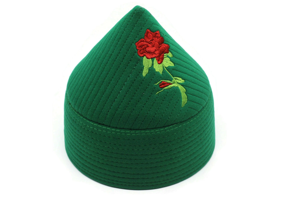 Light Green Haqqani Kufi with Rose, Rose Embroidery Prayer Hat, Mens Islamic Kufi Hat