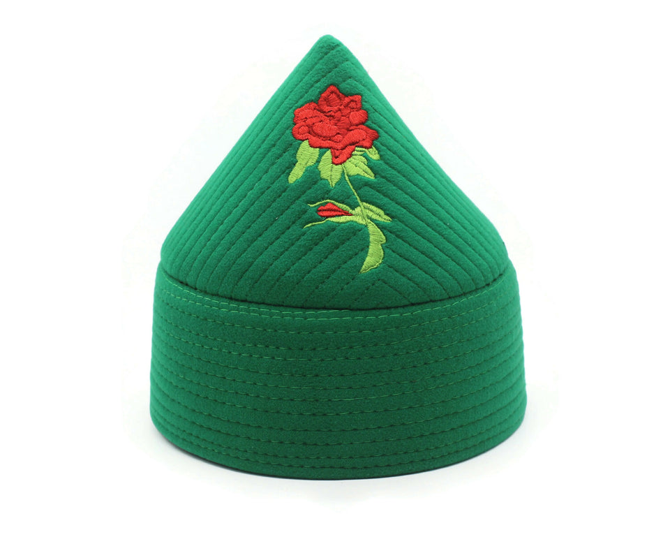 Light Green Haqqani Kufi with Rose, Rose Embroidery Prayer Hat, Mens Islamic Kufi Hat