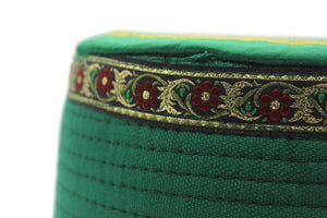 Green Sandal Turban Hat with Flowers Bordure, Kufi Cap, Imam Pagri Islamic Men's Head Wear