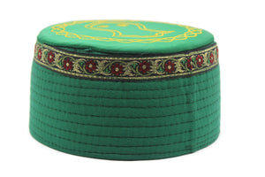 Green Sandal Turban Hat with Flowers Bordure, Kufi Cap, Imam Pagri Islamic Men's Head Wear