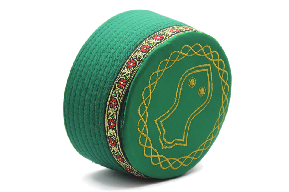 Green Sandal Turban Hat with Flowers Bordure, Kufi Cap, Imam Pagri Islamic Men's Head Wear