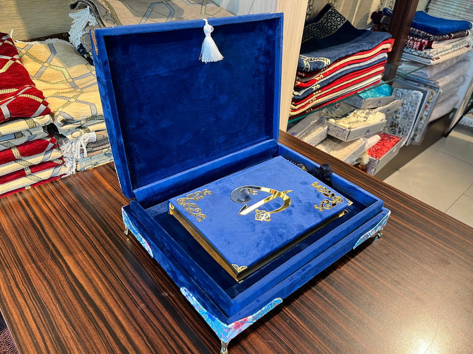 Lux Velvet Quran Box | Blue Quran Gift Set | Islamic Wedding Gift | Islamic Home Gift | Islamic Graduation Gift | Muslim Gifts