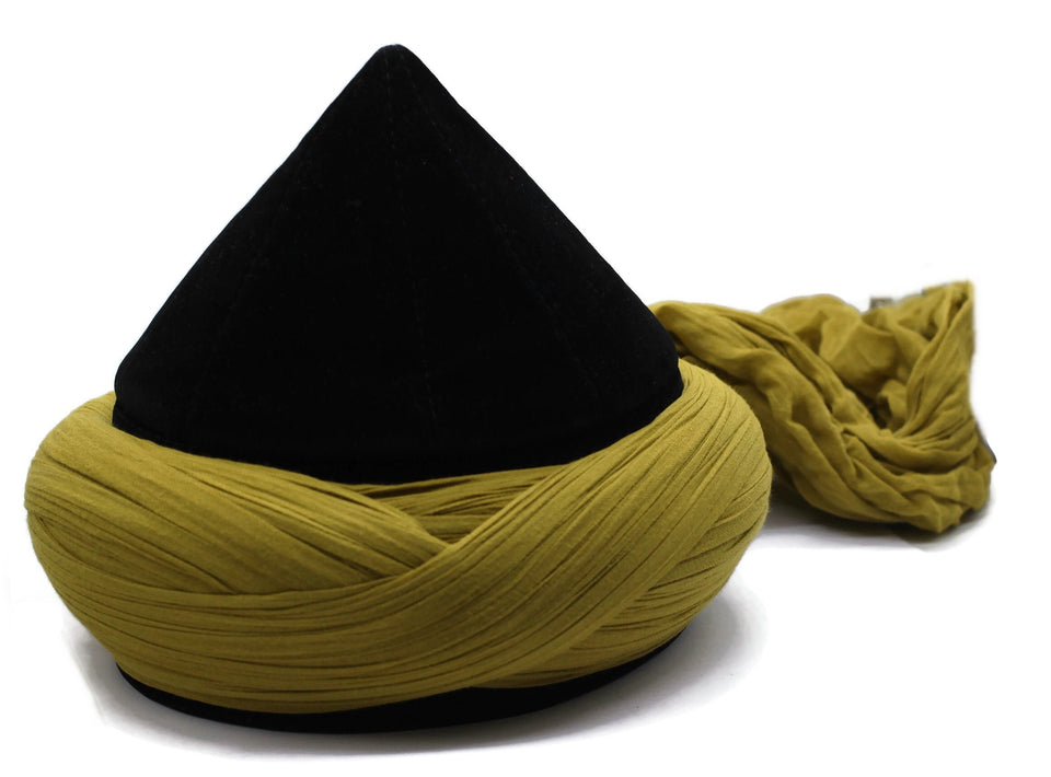 Black and Mustard Yellow Mens Haqqani Imamah, Cyprus Style Islamic Cap, Unique Islamic Art, Haqqani Sufi Order, Islamic Men's Head Wear