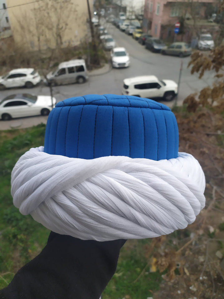 Ottoman Turk Janissary Blue and White imamah, Janissary Hat, Authentic Muslim Cap Sunnah Turban, Prayer Hat for Men