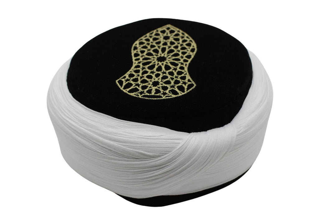 Prewrapped Black and White Nalain Embroidery Imamah, Muslim Mens Hat, Islamic Prayer Hat, Nalayn Kufi Cap, Sunnah Hat, Imam Hat