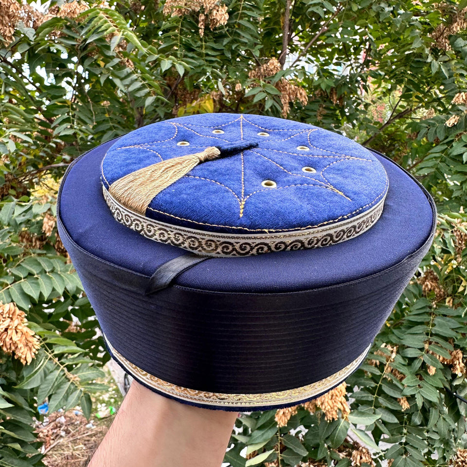 Royal Blue and Gold Classic Fez Imamah, Islamic Hat, Taqiyyah Islamic Prayer Hat with tassel, Muslim Mens Skull Hat, Masjeed Accessories